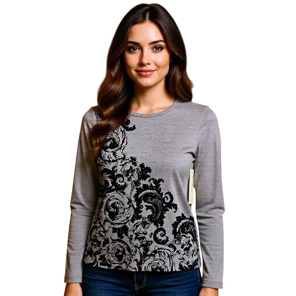 JONES NEW YORK SPORT Women's Grey Long Sleeve T Shirt Black Floral Print L NWT